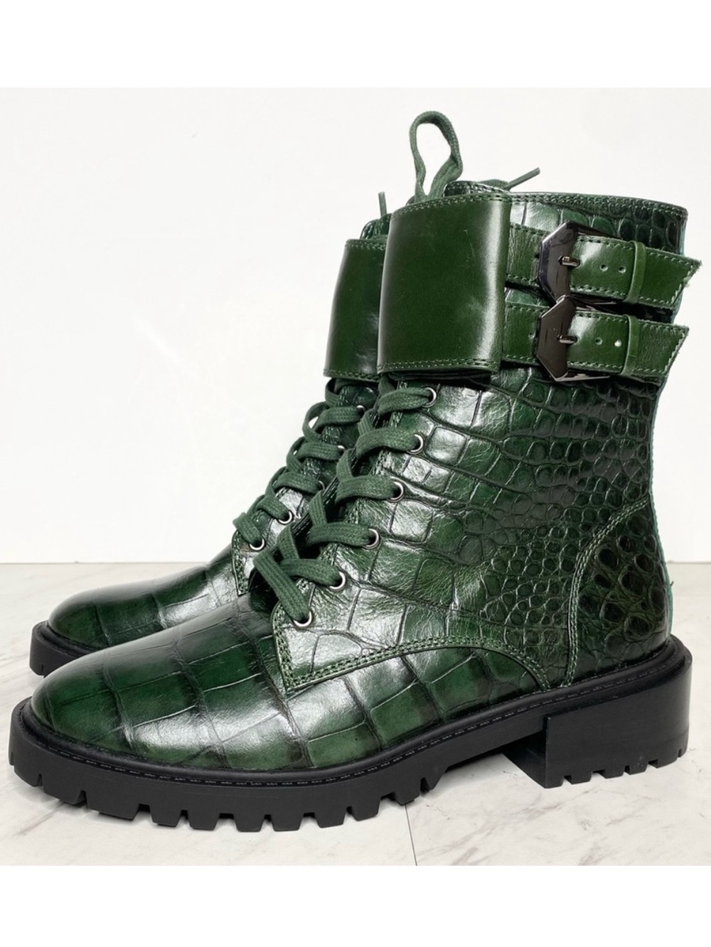New! Vince Camuto Fawdry Green Crocodile Embossed Leather Lace Up Boot 5 1/2 M